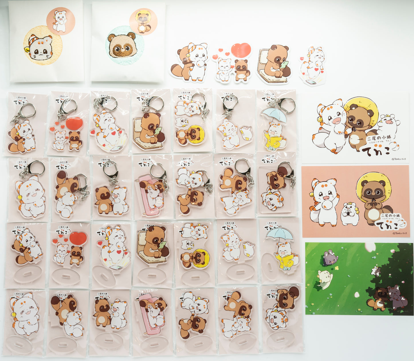 雙尾狐 Tenko_貼紙(4 張)和明信片(3 張)和壓克力鑰匙圈(1-14)和壓克力支架(1-14)和今治 (Tenko、Ponkichi) 製造的迷你手帕
