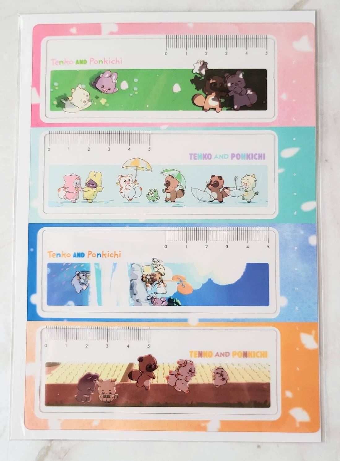 二尾の小狐てnこ_定規にできちゃう4連しおり