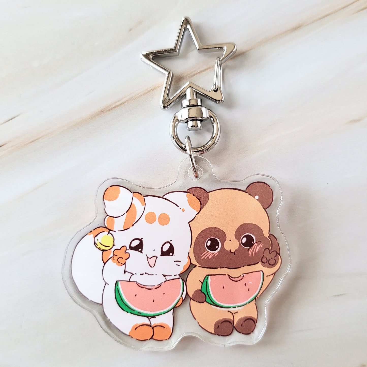 【デザフェス63：新商品】二尾の小狐てnこ_一緒にスイカ_アクリルキーホルダー